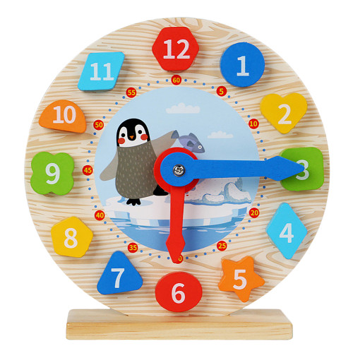 Lucky Baby Montessori Educative Wooden Shape Colour Clock - Penguin