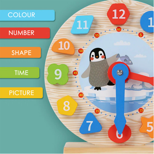 Lucky Baby Montessori Educative Wooden Shape Colour Clock - Penguin