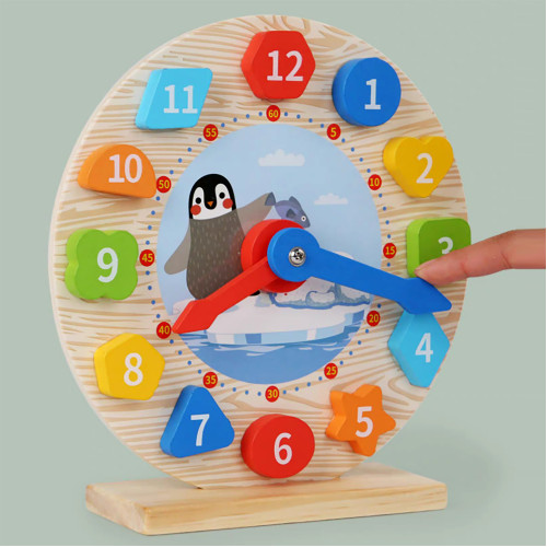 Lucky Baby Montessori Educative Wooden Shape Colour Clock - Penguin