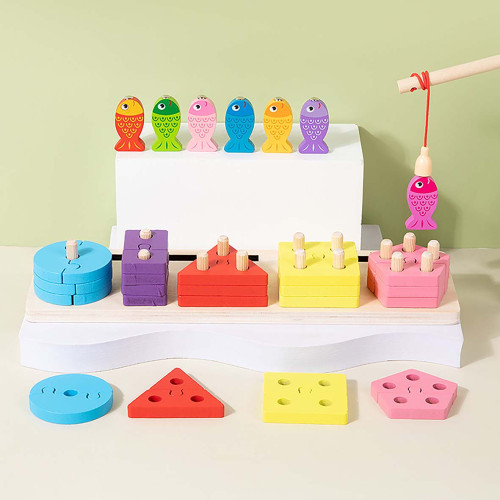 Lucky Baby Montessori Educative Wooden 2 In 1 Puzzle Shape Fishing Set