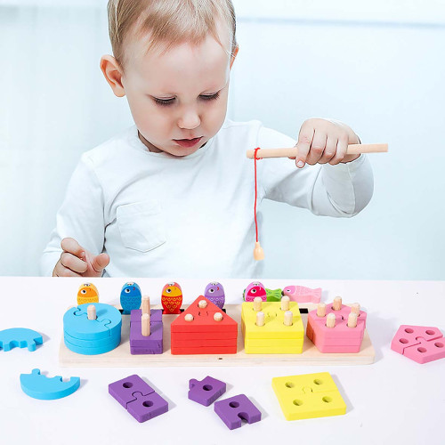 Lucky Baby Montessori Educative Wooden 2 In 1 Puzzle Shape Fishing Set