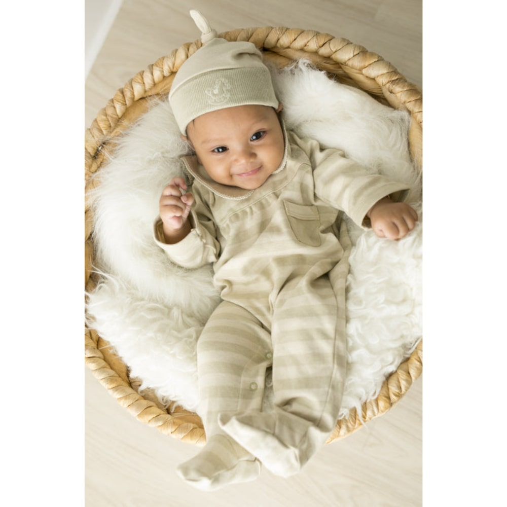 Baby Piper Collar Mid Sleeve Romper With Socks 100% Organic Cotton Dye-Free (1105) Green Stripes