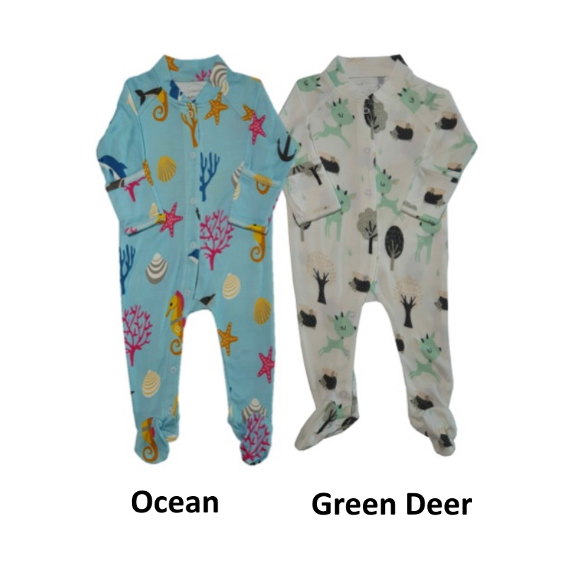 Bebe Bamboo Footie With Foldover Mitten (Green Deer)