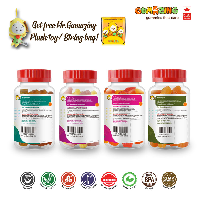 Gumazing Kids Daily Gummy Vitamin Bundle: Omega 3 Fish Oil, Vitamin C + Zinc, Calcium + Vitamin D3, Multivitamin, 4 Pack Combo, 60 Gummies Each (30 Day Supply)