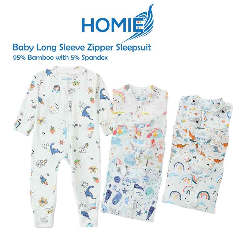 Homie Baby Bamboo Long Sleeve Zipper Sleepsuit / Romper - Assorted Designs *Choose Design At Booth