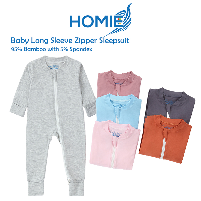 Homie Baby Bamboo Long Sleeve Zipper Sleepsuit / Romper - Assorted Designs *Choose Design At Booth