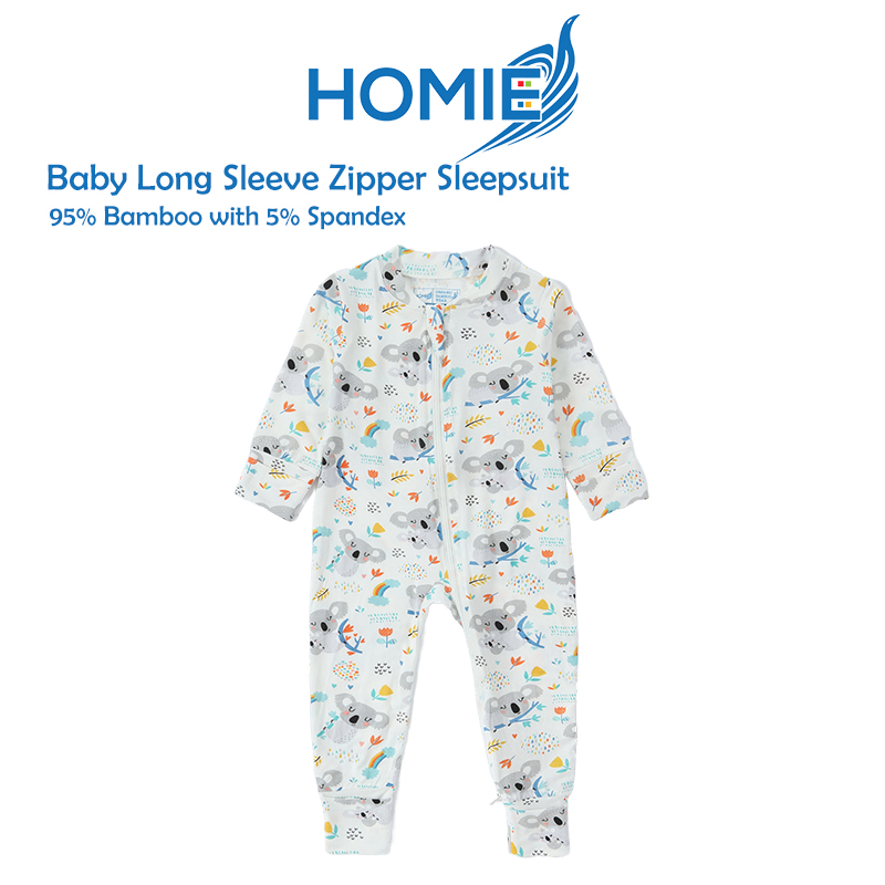 Homie Baby Bamboo Long Sleeve Zipper Sleepsuit / Romper - Assorted Designs *Choose Design At Booth