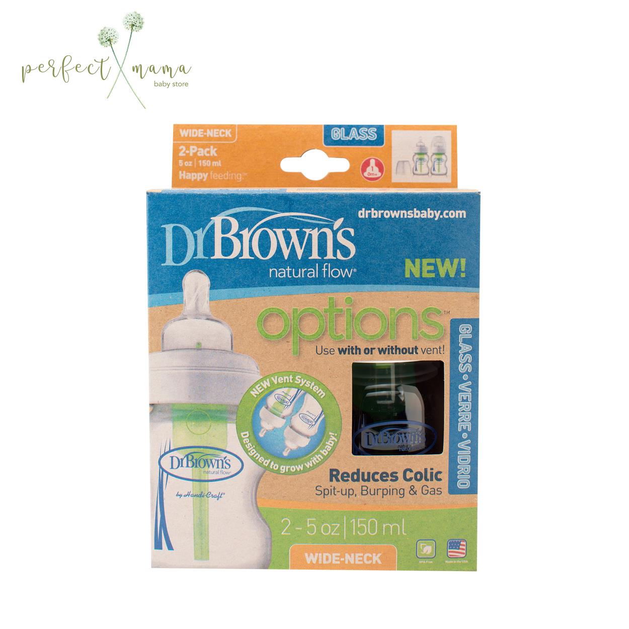 Dr Brown's 5oz/150ml Glass "Options+" Wide Neck Bottle, 2-pack