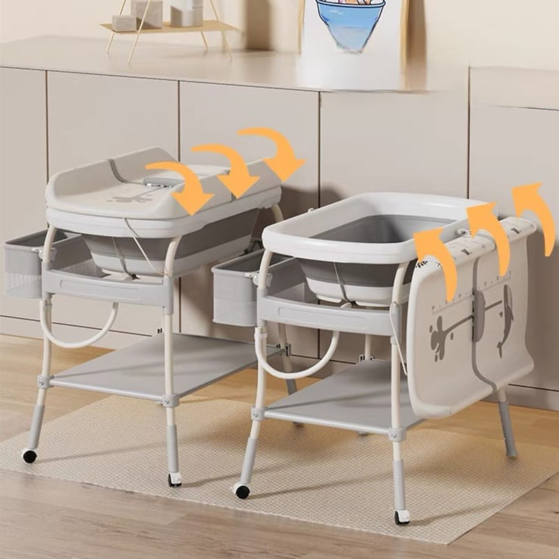 Mummykidz Bath Stand With Bath Tub With Thermometer - Integrated Changing Station And Storage Basket