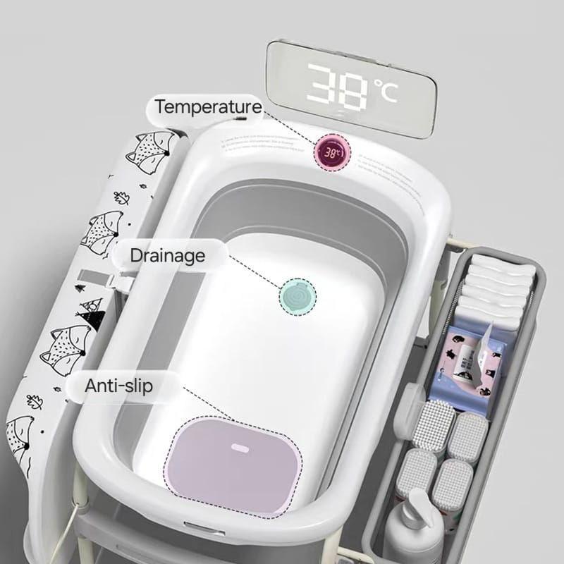 Mummykidz Bath Stand With Bath Tub With Thermometer - Integrated Changing Station And Storage Basket