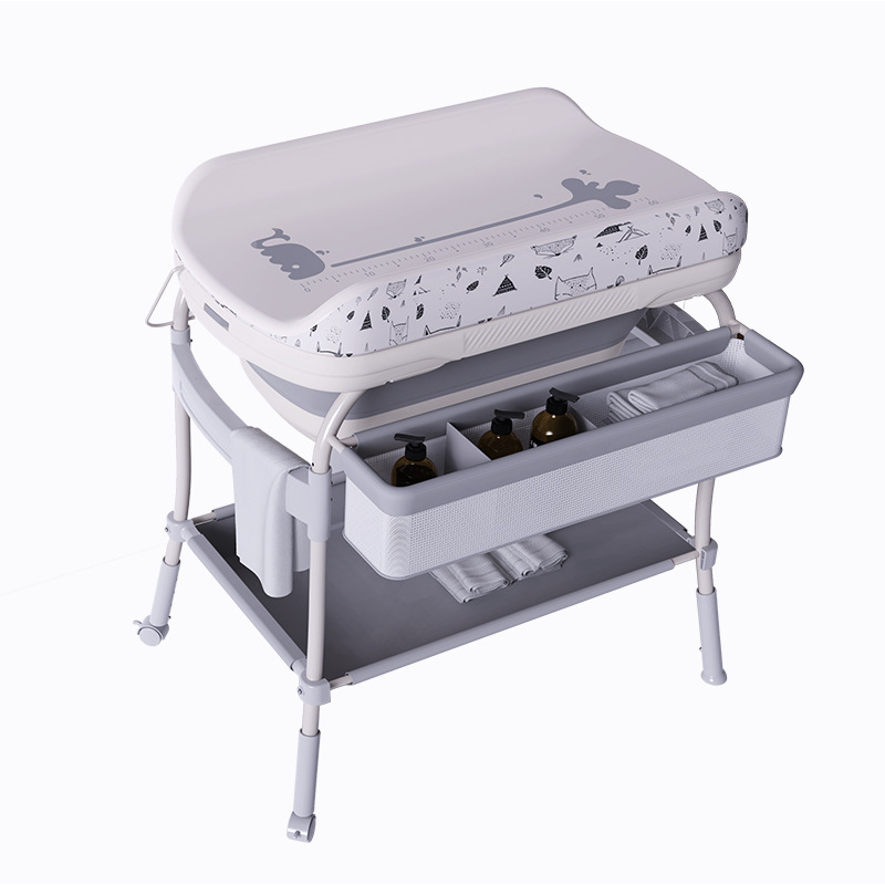 Mummykidz Bath Stand With Bath Tub With Thermometer - Integrated Changing Station And Storage Basket