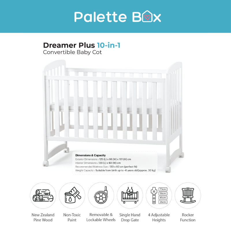 (Bundles Available) Palette Box Dreamer Plus 10-in-1 Convertible Baby Cot