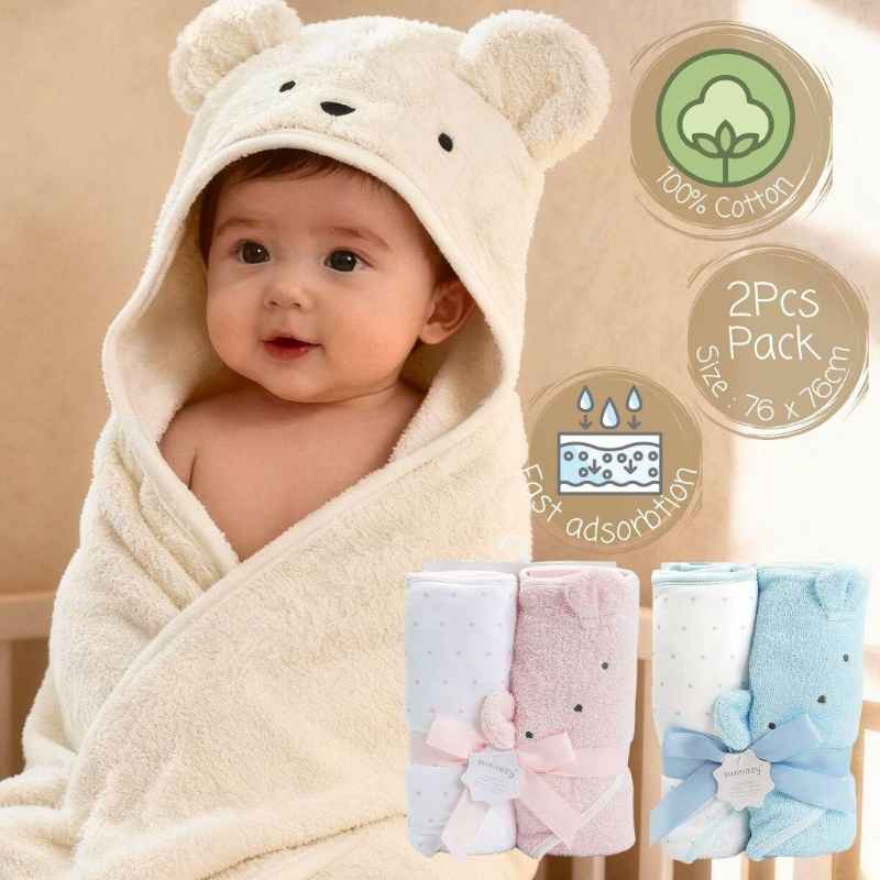 Sunnozy Soft Little Bear Baby Cotton Hooded Towel Twin Pack