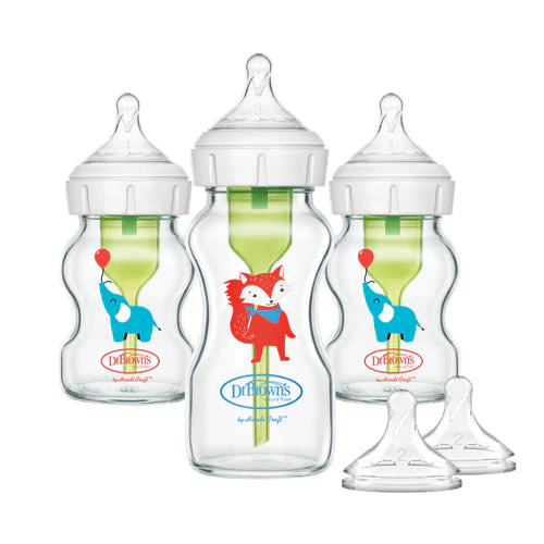Dr Brown's Glass Anti-Colic Options+ Wide-Neck Baby Bottle Gift Set (Elephant And Fox Decos)