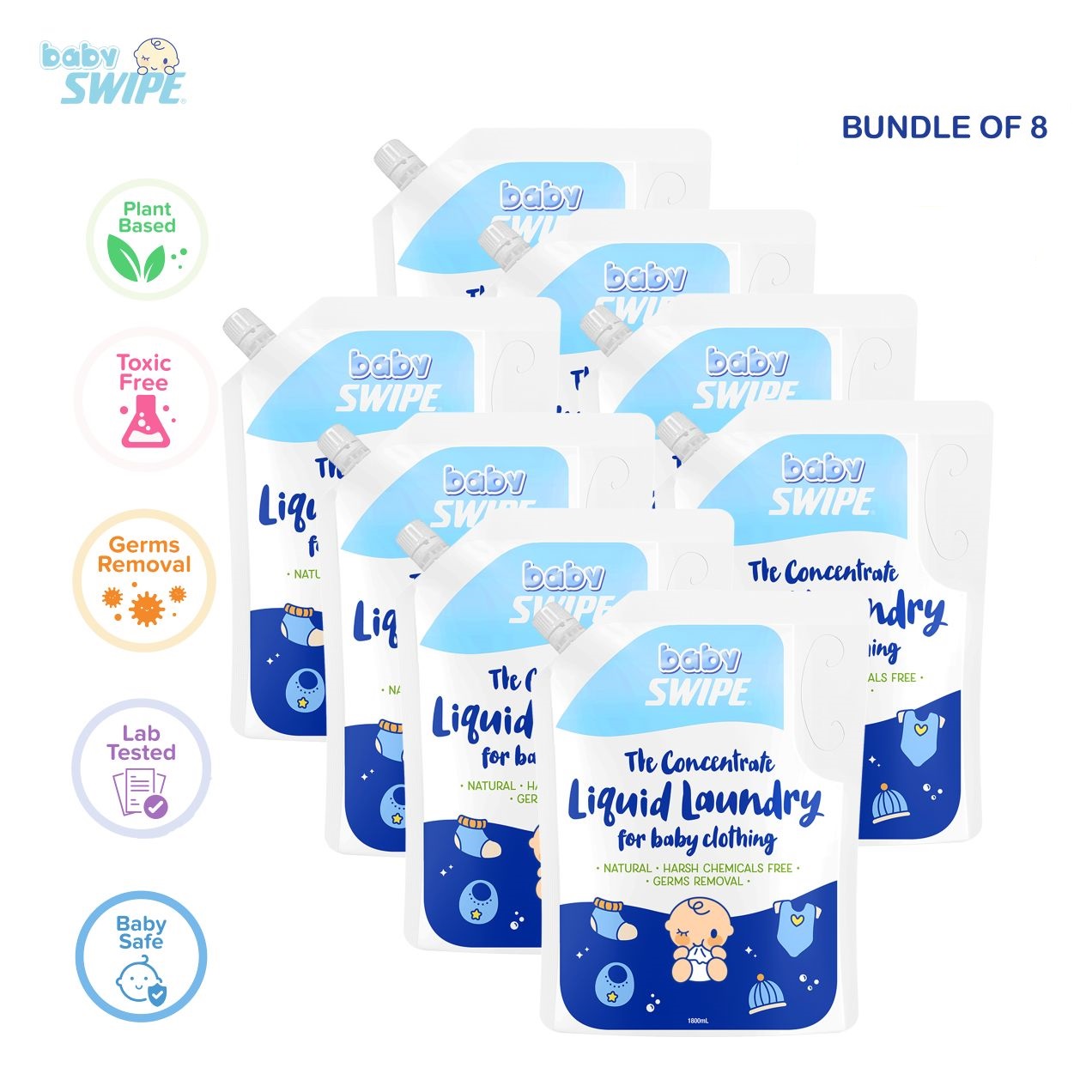 [Carton Deals] BabySWIPE Concentrate Liquid Laundry For Baby Clothing 1.8L Pouch Pack (Bundle Of 8)