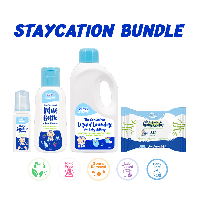 BabySWIPE Tiny Travellers Pack (Milk Bottle Fruit Cleanser 100ml + Laundry Detergent 150ml + Hand Sanitiser 80ml + Disinfectant Mini 50ml + Wet Wipes 8s + Sanitiser Holder)